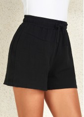 Black bottoms,Plain Color bottoms,Drawstring Black Regular Elastic Waist High Waisted Shorts