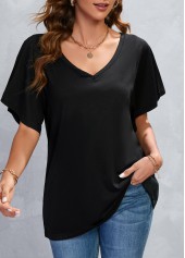 Black tops,Plain Color tops,Black V Neck Short Sleeve T Shirt