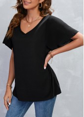 Black tops,Plain Color tops,Black V Neck Short Sleeve T Shirt