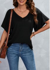 Black tops,Plain Color tops,Black V Neck Short Sleeve T Shirt