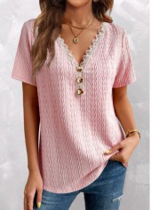 Pink tops,Plain Color tops,ROTITA Twisted Pink V Neck Short Sleeve T Shirt