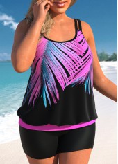 Hot Pink plus size,Plants plus size,ROTITA Plus Size Leaf Print Tankini Top