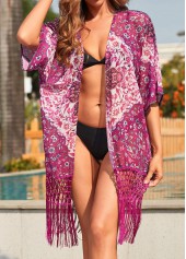 Dark Reddish Purple swimwear,Floral swimwear,Tribal swimwear,Tassel Dark Reddish Purple Floral Print Cover Up