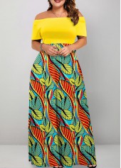 ROTITA Plus Size Leaf Print Maxi Off Shoulder Dress