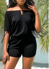 Black jumpsuits&rompers,Plain Color jumpsuits&rompers,Tassel Black Short Regular Off Shoulder Romper