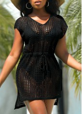 Black swimwear,Plain Color swimwear,Drawstring Side Slit Black Cover Up