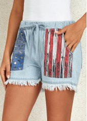 Dusty Blue bottoms,Flag bottoms,Pocket Flag Print Dusty Blue Regular Drawastring Jeans