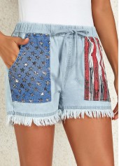 Pocket Flag Print Dusty Blue Regular Drawastring Jeans