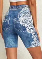 Denim Blue bottoms,Tribal bottoms,Tribal Print Denim Blue Skinny Elastic Waist Shorts