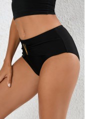 Black swimwear,Plain Color swimwear,Black Metal Detail Mid Waisted Bikini Bottom