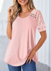 Pink tops,Plain Color tops,ROTITA Patchwork Pink Round Neck Short Sleeve T Shirt
