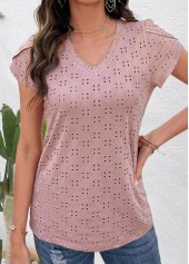 Pink tops,Plain Color tops,Layered Pink V Neck Short Sleeve T Shirt