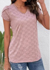 Pink tops,Plain Color tops,Layered Pink V Neck Short Sleeve T Shirt
