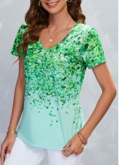 Green tops,Plants tops,Lightweigh Leaf Print Green V Neck T Shirt