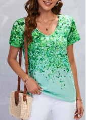 Green tops,Plants tops,Lightweigh Leaf Print Green V Neck T Shirt