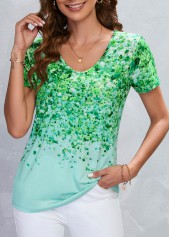 Lightweigh Leaf Print Green V Neck T Shirt
