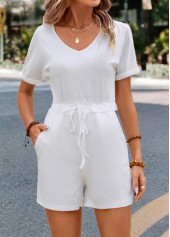 White jumpsuits & rompers,Plain Color jumpsuits & rompers,Drawstring Pocket White V Neck Romper