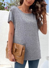 Grey tops,Plain Color tops,Button Detail Grey Boat Neck Short Sleeve T Shirt