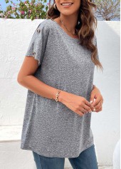 Grey tops,Plain Color tops,Button Detail Grey Boat Neck Short Sleeve T Shirt