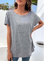 Grey tops,Plain Color tops,Button Detail Grey Boat Neck Short Sleeve T Shirt