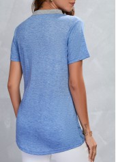 Blue tops,Contrast Color tops,Pocket Blue Stand Collar Short Sleeve T Shirt