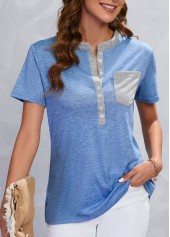 Blue tops,Contrast Color tops,Pocket Blue Stand Collar Short Sleeve T Shirt