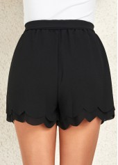Black bottoms,Plain Color bottoms,Drawstring Black Belted Elastic Waist Shorts
