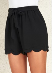 Black bottoms,Plain Color bottoms,Drawstring Black Belted Elastic Waist Shorts