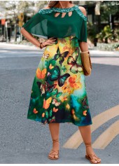 Green dresses,Animal Print dresses,Cage Neck Butterfly Print Green A Line Dress