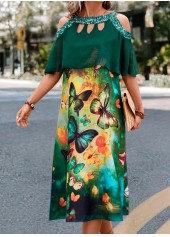 Green dresses,Animal Print dresses,Cage Neck Butterfly Print Green A Line Dress