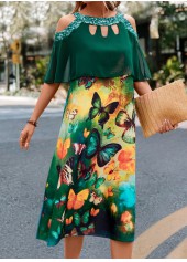 Green dresses,Animal Print dresses,Cage Neck Butterfly Print Green A Line Dress