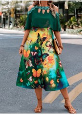 Green dresses,Animal Print dresses,Cage Neck Butterfly Print Green A Line Dress