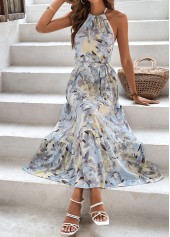 Light Blue dresses,Floral dresses,Bowknot Floral Print Light Blue Belted Dress