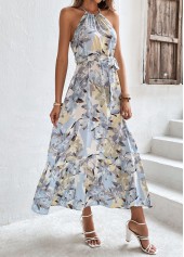 Bowknot Floral Print Light Blue Belted Dress