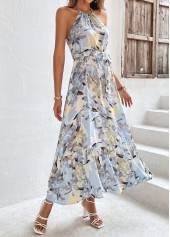 Light Blue dresses,Floral dresses,Bowknot Floral Print Light Blue Belted Dress