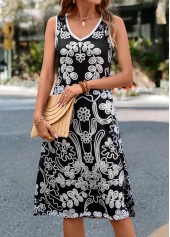 Black dresses,White dresses,Plants dresses,Floral dresses,Contrast Binding Leaf Print Black H Shape Dress