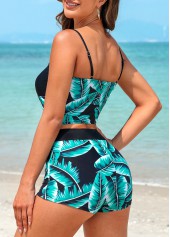 Mint Green swimwear,Black swimwear,Plants swimwear,Drawstring Mint Green Leaf Print Bikini Set