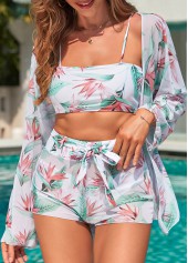 Light Green swimwear,White swimwear,Plants swimwear,Bowknot Light Green Leaf Print Bikini Set