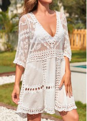 White swimwear,Plain Color swimwear,Lace V Neck White Cover Up