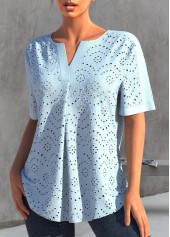 Light Blue tops,Plain Color tops,ROTITA Split Light Blue Short Sleeve Blouse