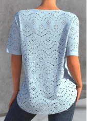 Light Blue tops,Plain Color tops,ROTITA Split Light Blue Short Sleeve Blouse