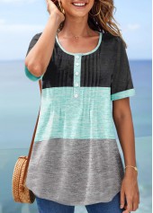 Mint Green tops,Black tops,Contrast Color tops,ROTITA Tuck Stitch Mint Green Round Neck Blouse