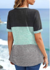 Mint Green tops,Black tops,Contrast Color tops,ROTITA Tuck Stitch Mint Green Round Neck Blouse