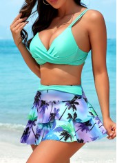 Cyan swimwear,Purple swimwear,Plants swimwear,Surplice Cyan Floral Print Mid Waisted Bikini Set