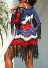 Multi Color swimwear,Contrast Color swimwear,Tassel Contrast Multi Color Cover Up