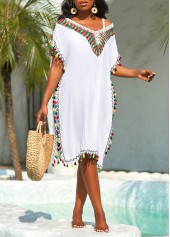 Patchwork Weave Tassel White Cover Up