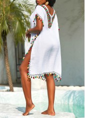 White swimwear,Plain Color swimwear,Patchwork Weave Tassel White Cover Up