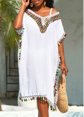 White swimwear,Plain Color swimwear,Patchwork Weave Tassel White Cover Up