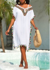 White swimwear,Plain Color swimwear,Patchwork Weave Tassel White Cover Up