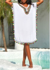 White swimwear,Plain Color swimwear,Patchwork Weave Tassel White Cover Up